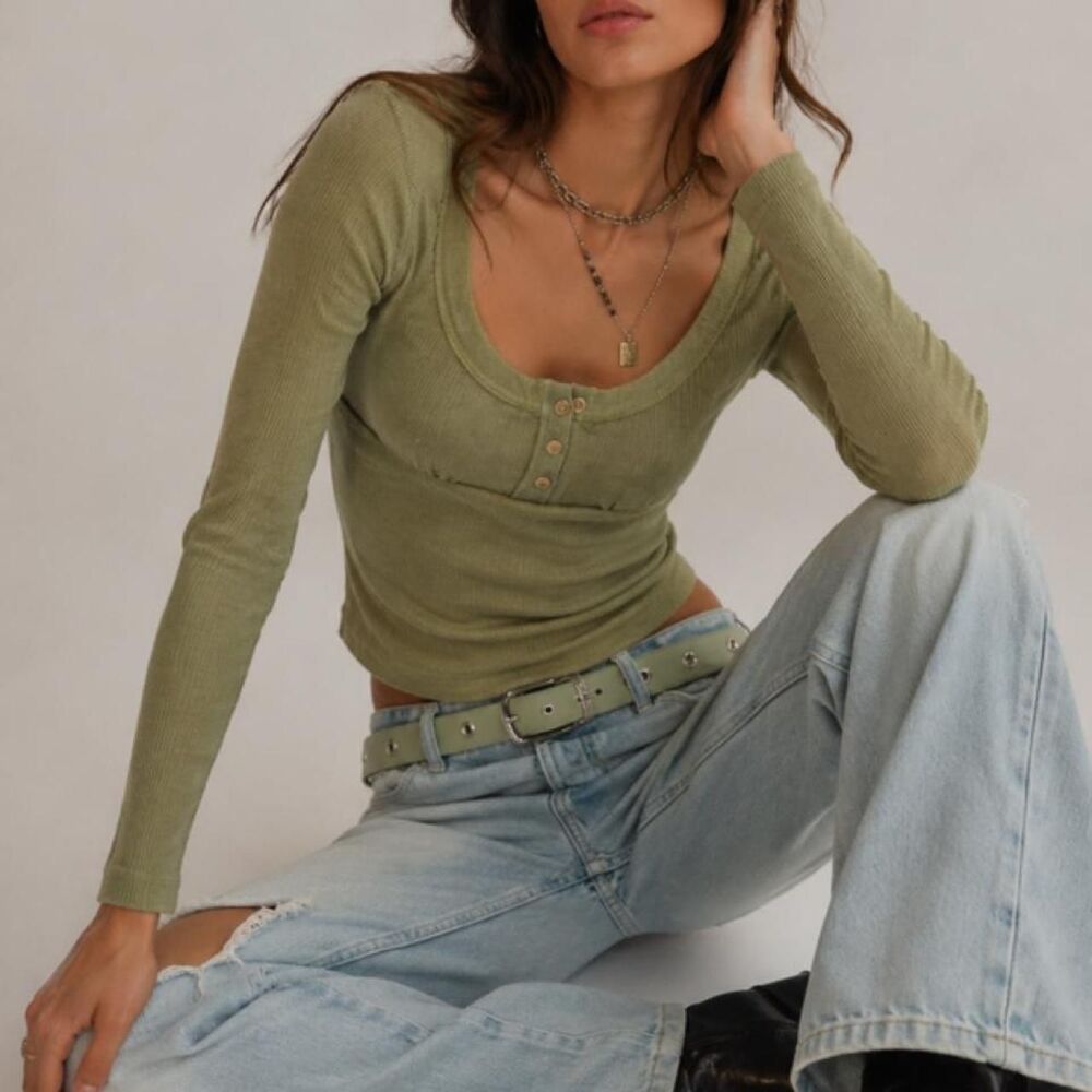 Free People Women's Green and Khaki Long Sleeves Shirt size S